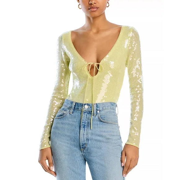 Bardot Verona Sequined Bodysuit Top Women's 6 Canary Yellow Long Sleeve Snap - Picture 1 of 15